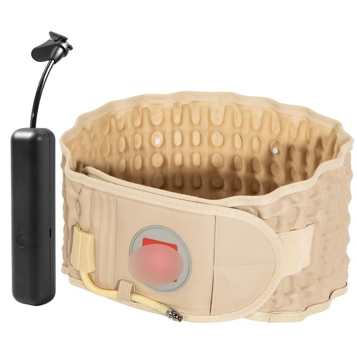 102R inflatable lumbar support belt in apricot with its electric pump, on a plain background.