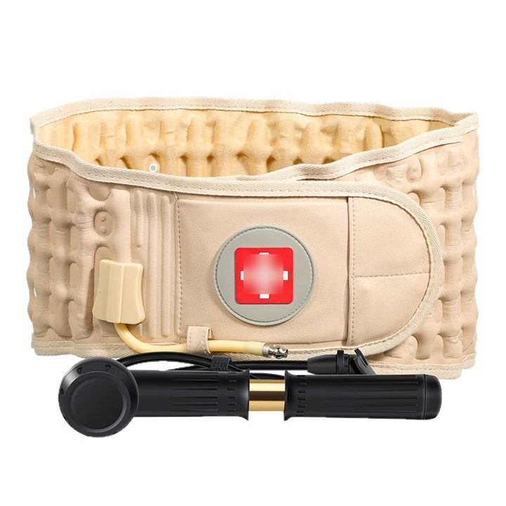 Apricot 102R inflatable lumbar belt with its gold-barrel manual pump, on a plain background.