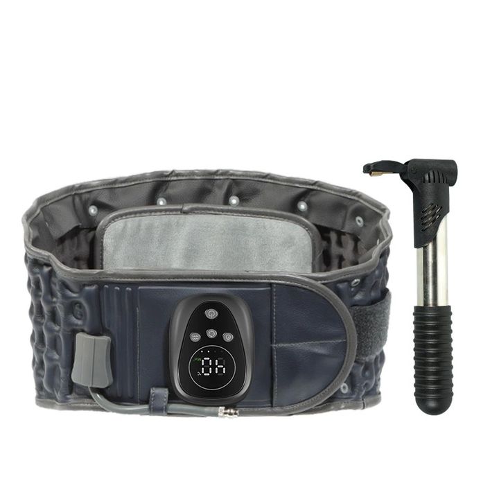 Dark blue heated inflatable lumbar belt with a digital controller panel and its manual pump, on a plain background.