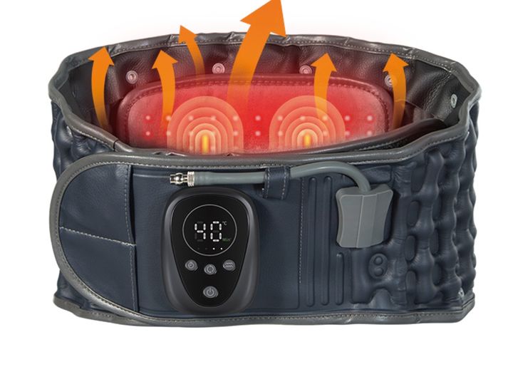 M1001-R red-light heated massage belt in navy, opened to show the lit heating panel, with its control head reading 40 °C and the air valve on the belt.