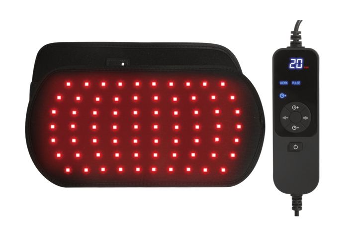 M103-R red-light heating pad lit with rows of red emitters, beside its wired controller showing a 20-minute timer.