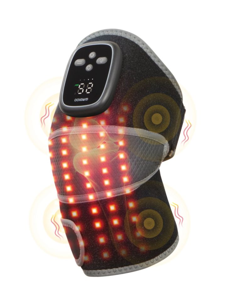 M169-R red-light heated knee support in grey and black, control head on the front, shown with the factory's own red-light and vibration illustration.