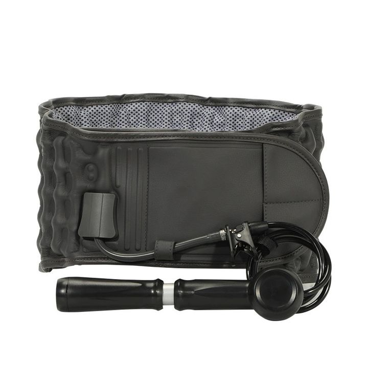 Grey M189 inflatable lumbar support belt with its manual hand pump, on a plain background.