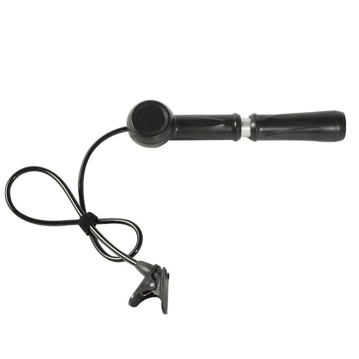 Black telescopic hand pump with a hose and clip fitting, on a plain background.