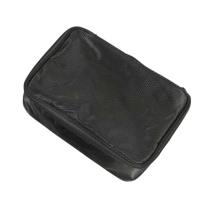Black zipped fabric storage bag for a lumbar support belt, on a plain background.