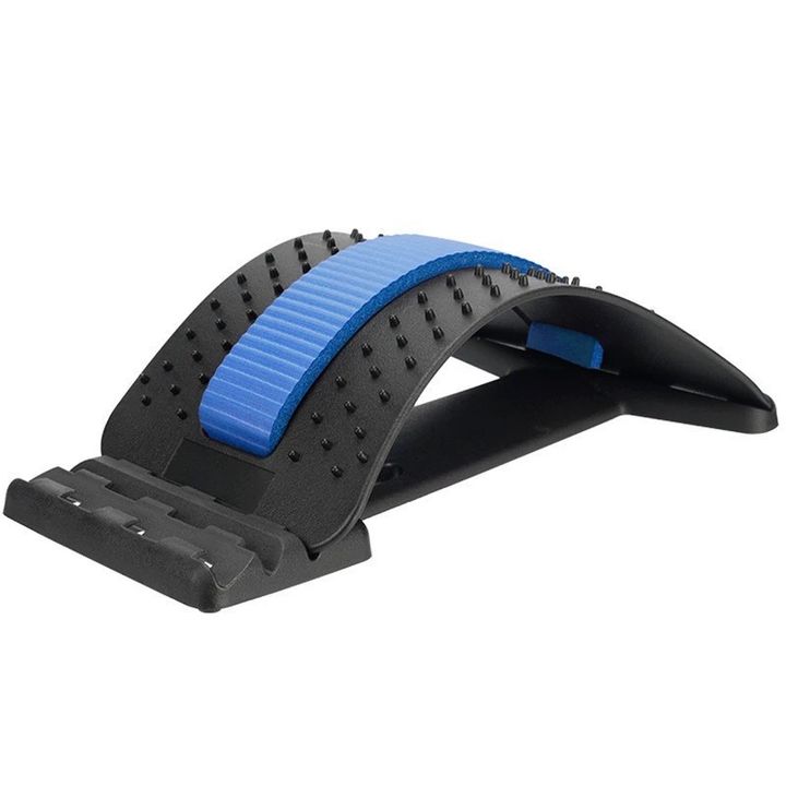 Black plastic back stretch arch with a blue padded centre strip and massage nodes, on a plain background.